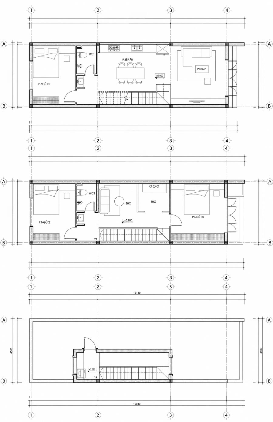 Mặt bằng công năng nhà đẹp 2 tầng 1 tum 4x11m 3 phòng ngủ