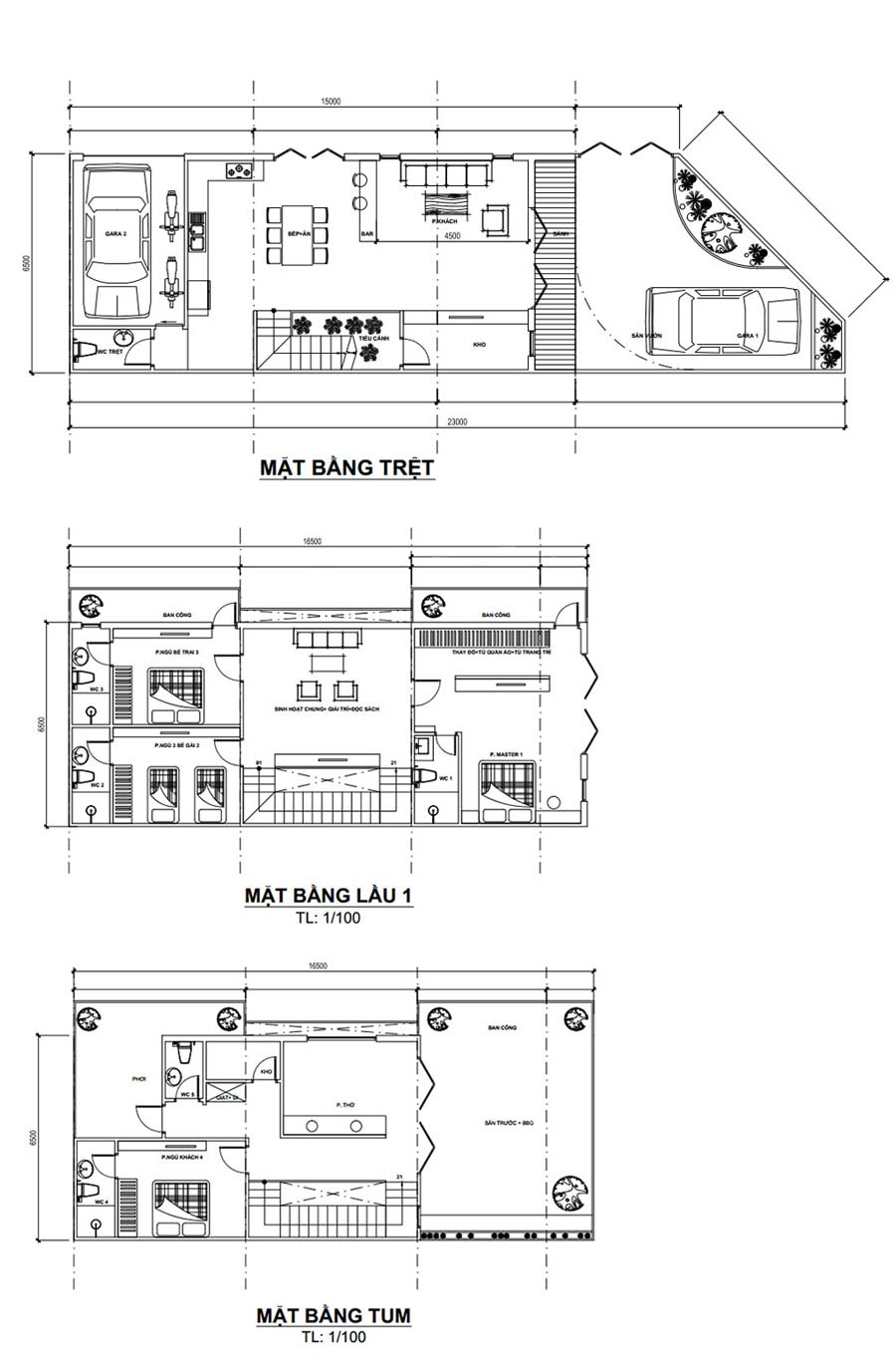 Mặt bằng công năng nhà 2 tầng 1 tum 4 phòng ngủ 2 mặt tiền