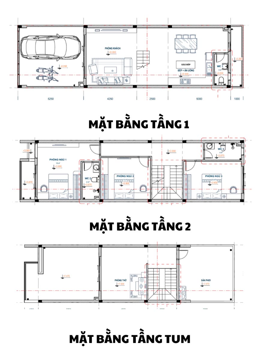 Mặt bằng công năng nhà 2 tầng 1 tum 4x15m có gara