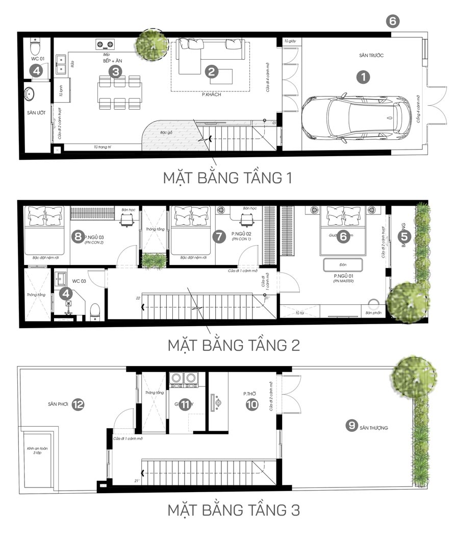 Mặt bằng công năng nhà 2 tầng 1 tum 4x15m có giếng trời