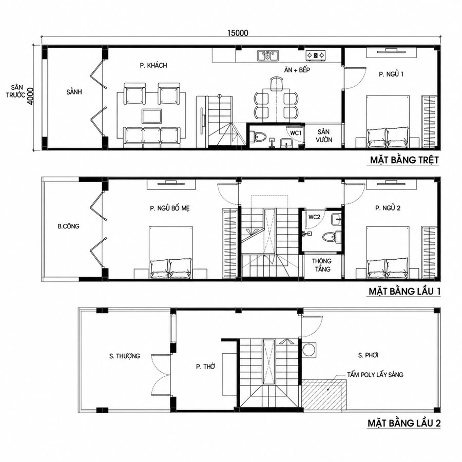 Mặt bằng công năng nhà 2 tầng 1 tum 4x15m hiện đại