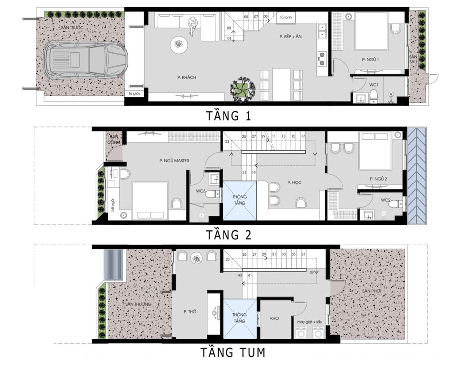Mặt bằng công năng nhà 5x20m 2 tầng 1 tum có gara ô tô