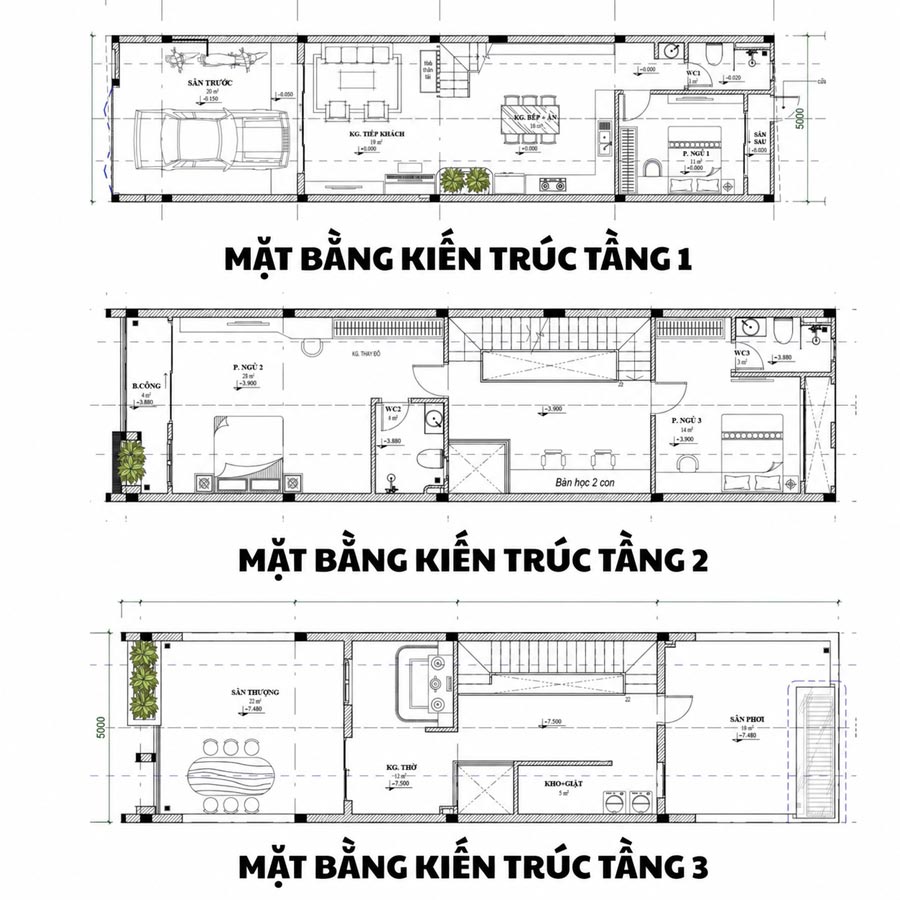 Mặt bằng công năng nhà 2 tầng 1 tum 5x20 có giếng trời