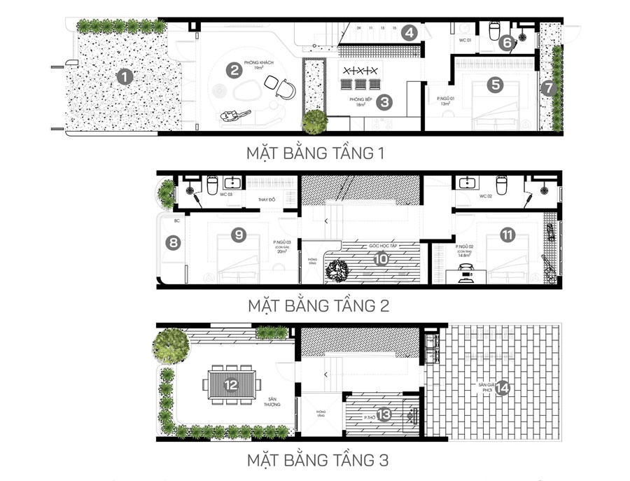 Mặt bằng công năng nhà 2 tầng 1 tum 5x20 có sân thượng xanh