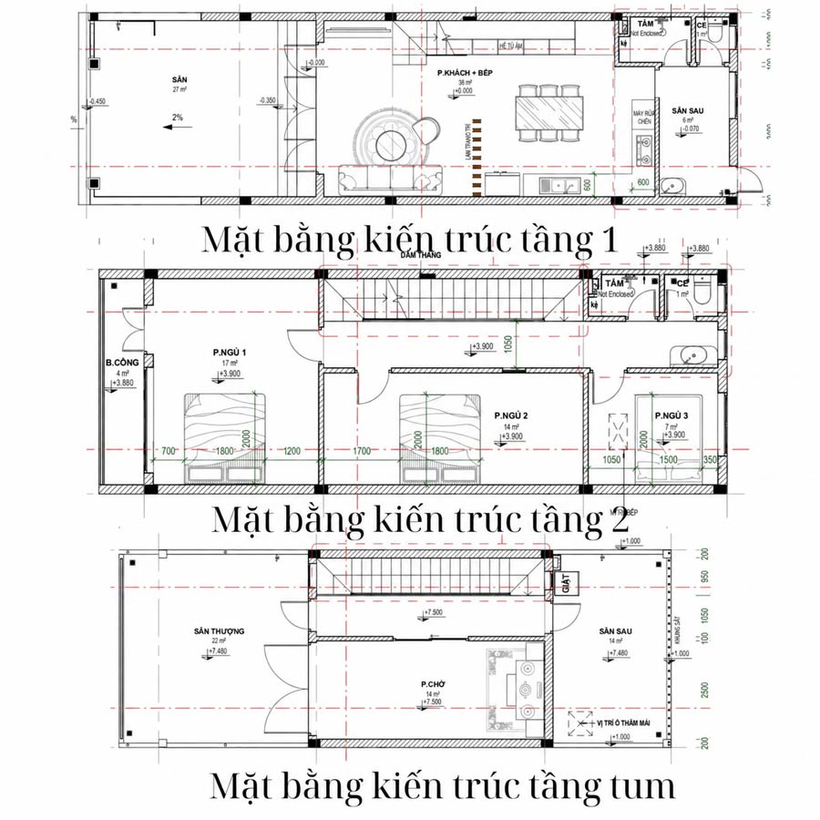 Mặt bằng công năng nhà 5x20m 2 tầng 1 tum phong cách tối giản