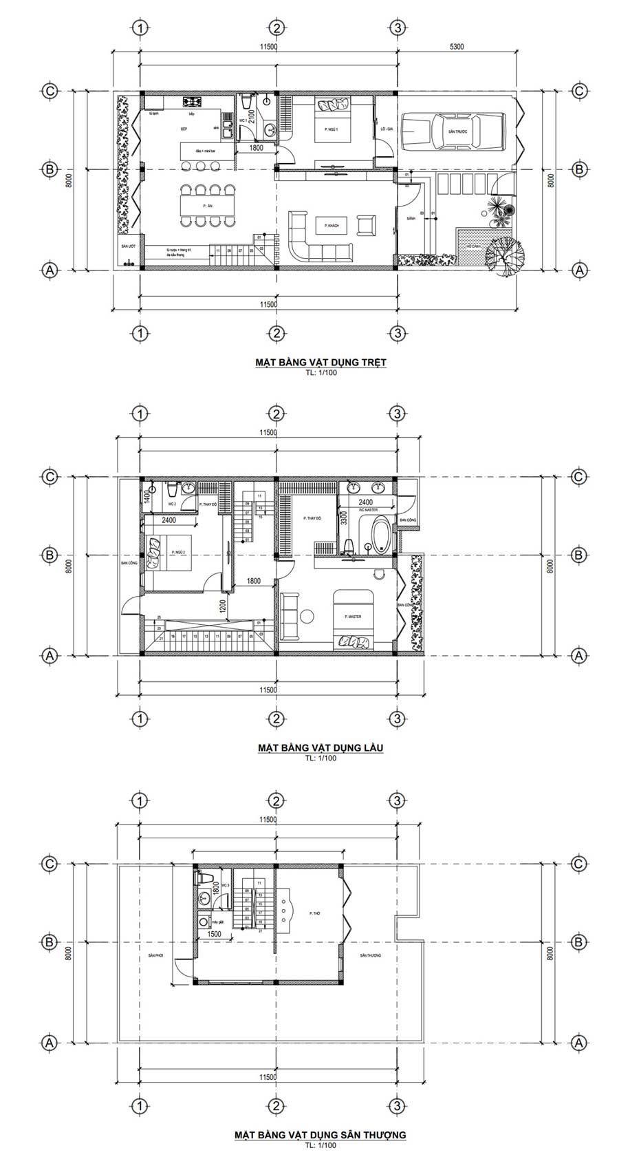 Mặt bằng công năng nhà 2 tầng 1 tum 3 phòng ngủ