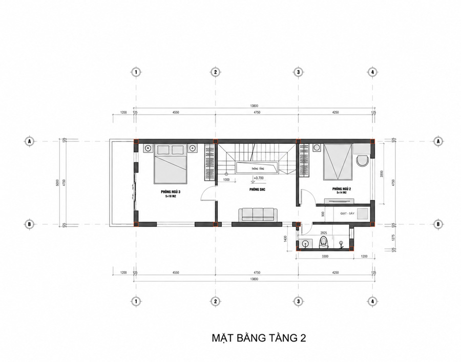 Mặt bằng lầu 1 nhà 2 tầng 1 tum 3 phòng ngủ đơn giản đẹp