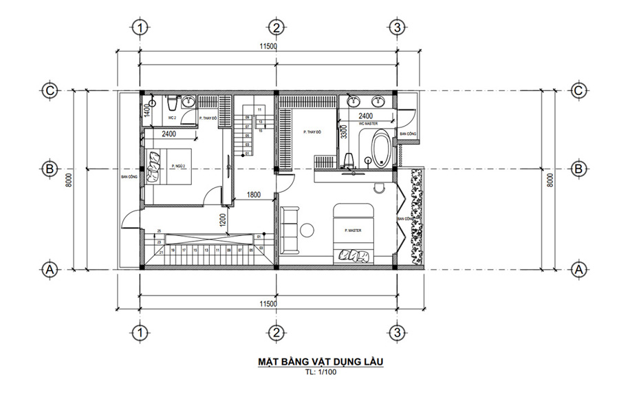 Mặt bằng lầu 1 nhà 2 tầng 1 tum 3 phòng ngủ mặt tiền 8m