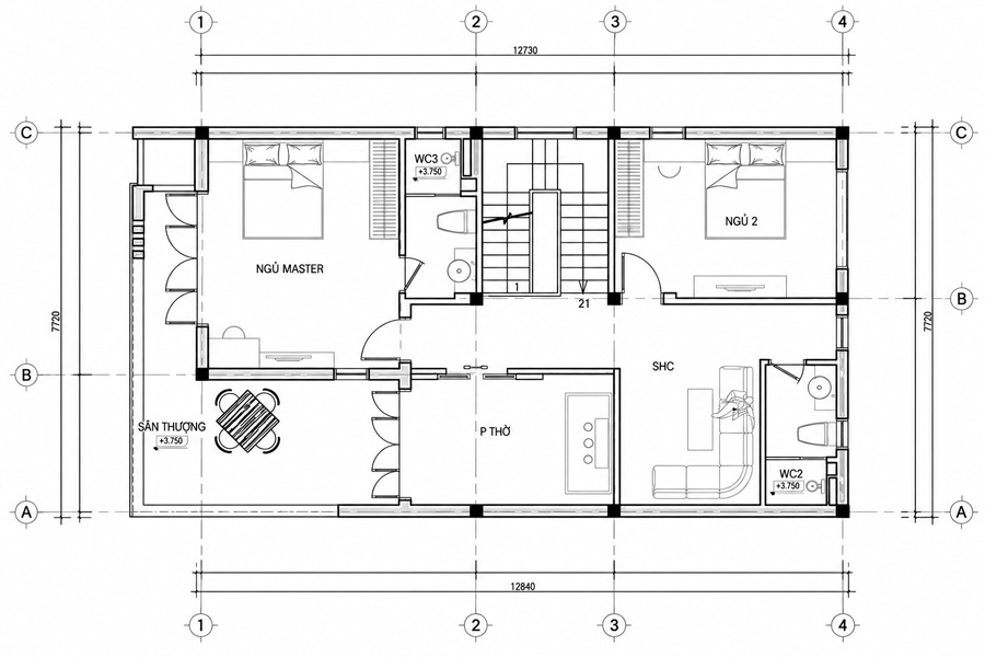 Bản vẽ mặt bằng lầu 1 nhà chữ L 2 tầng 1 tum 3 phòng ngủ 1 phòng thờ