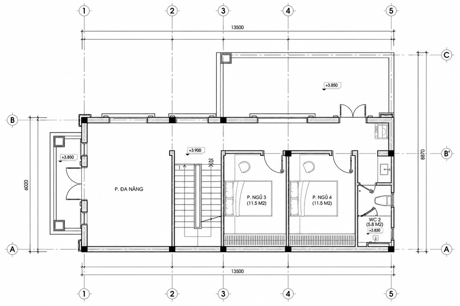 Bản vẽ mặt bằng lầu 1 nhà chữ L 2 tầng 1 tum 4 phòng ngủ
