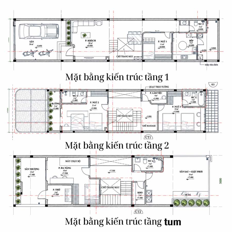 Mặt bằng công năng nhà 2 tầng 1 tum 3 phòng ngủ có sân vườn
