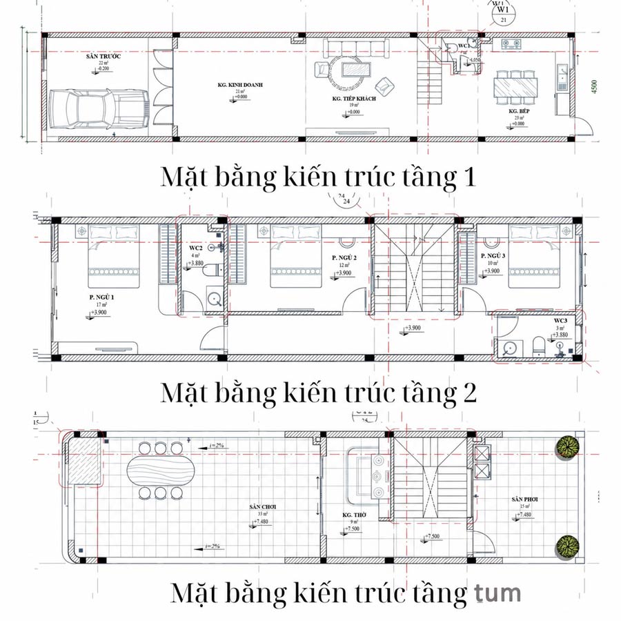 Mặt bằng công năng nhà 2 tầng 1 tum 3 phòng kết hợp kinh doanh