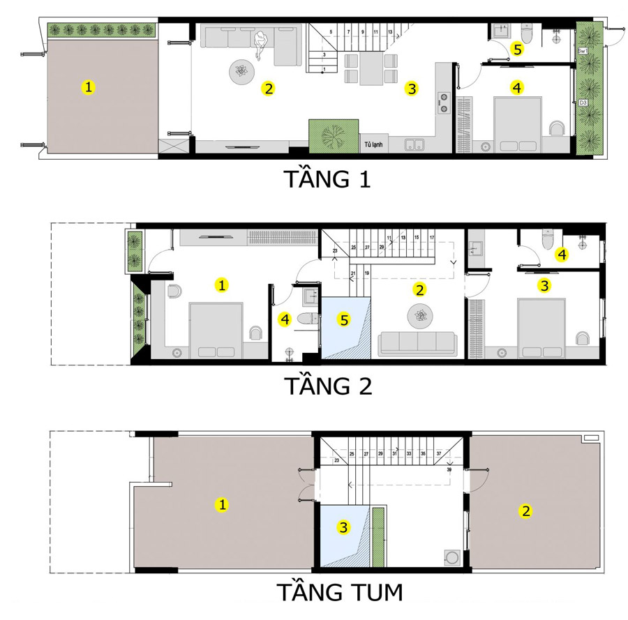 Mặt bằng công năng nhà 2 tầng 1 tum có giếng trời