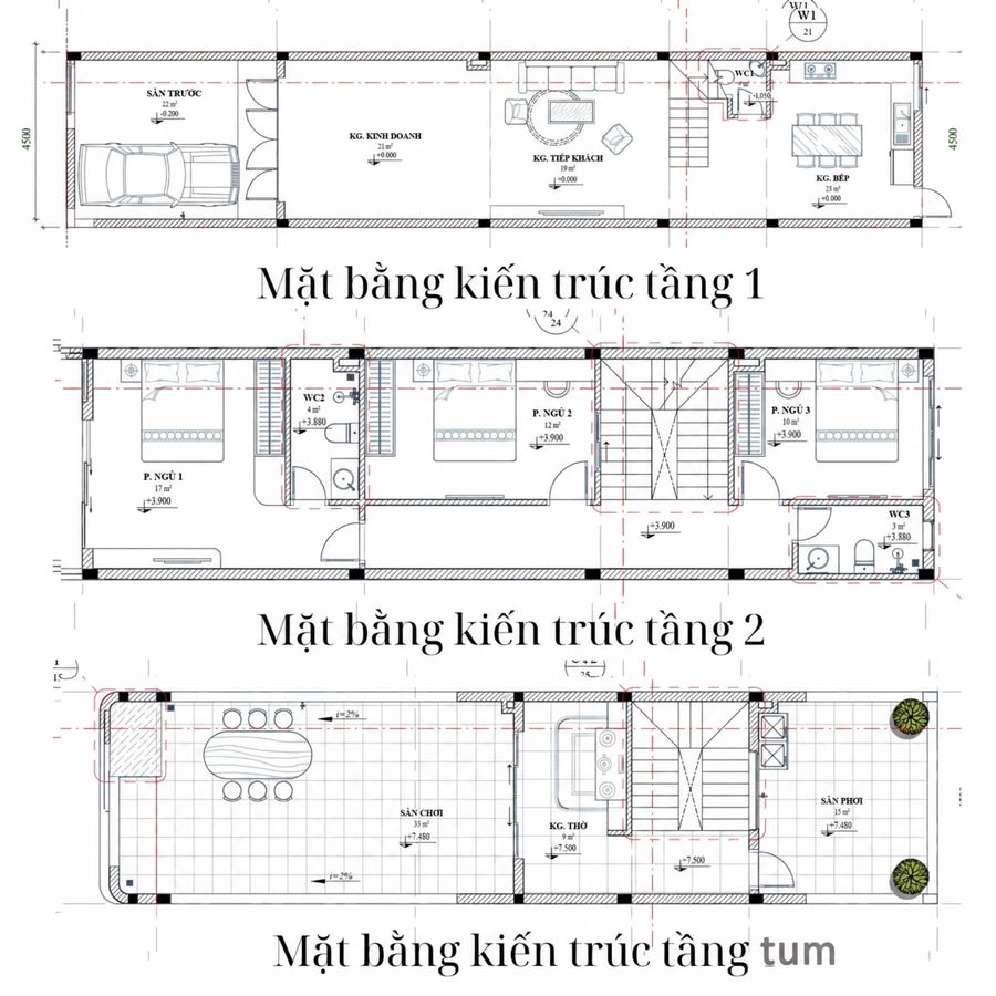 Mặt bằng công năng nhà 2 tầng 1 tum kết hợp kinh doanh