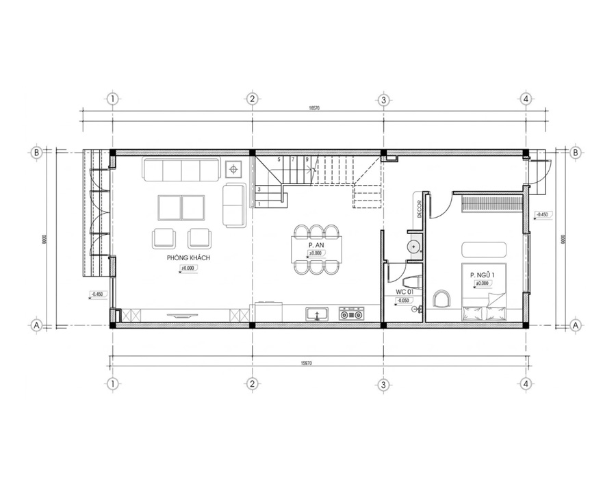 Mặt bằng tầng trệt nhà 2 tầng 1 tum 3 phòng ngủ 1 phòng thờ