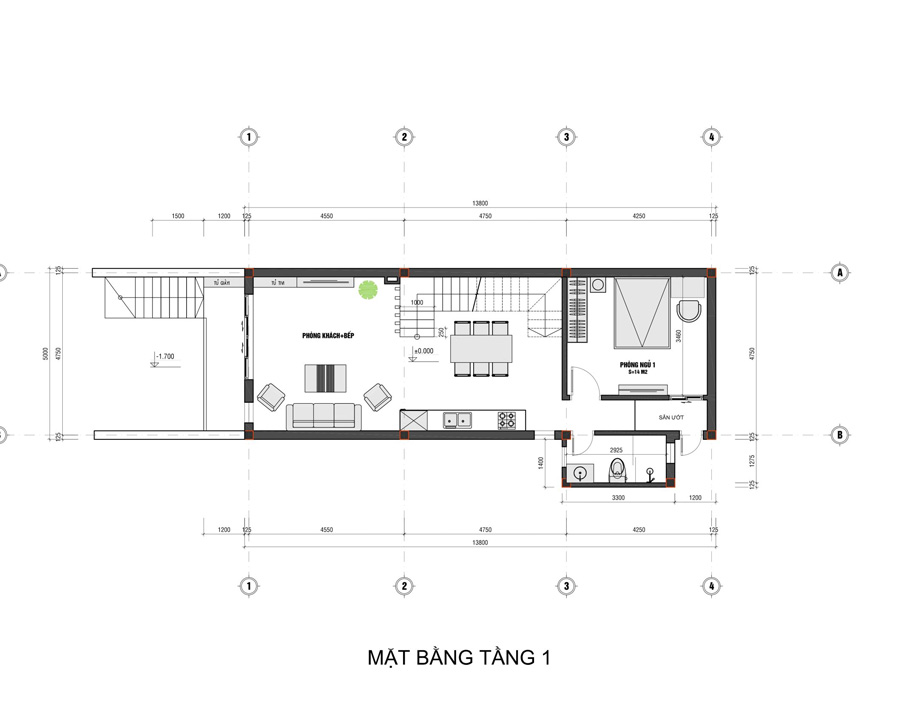 Mặt bằng tầng trệt nhà 2 tầng 1 tum 3 phòng ngủ đơn giản đẹp