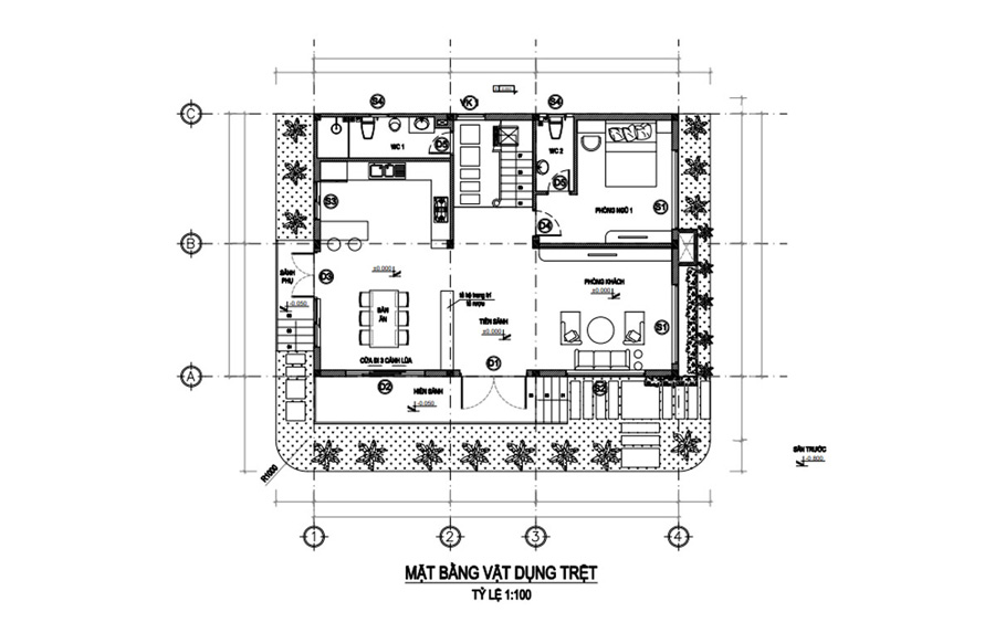 Mặt bằng tầng trệt nhà 2 tầng 1 tum 3 phòng ngủ hiện đại