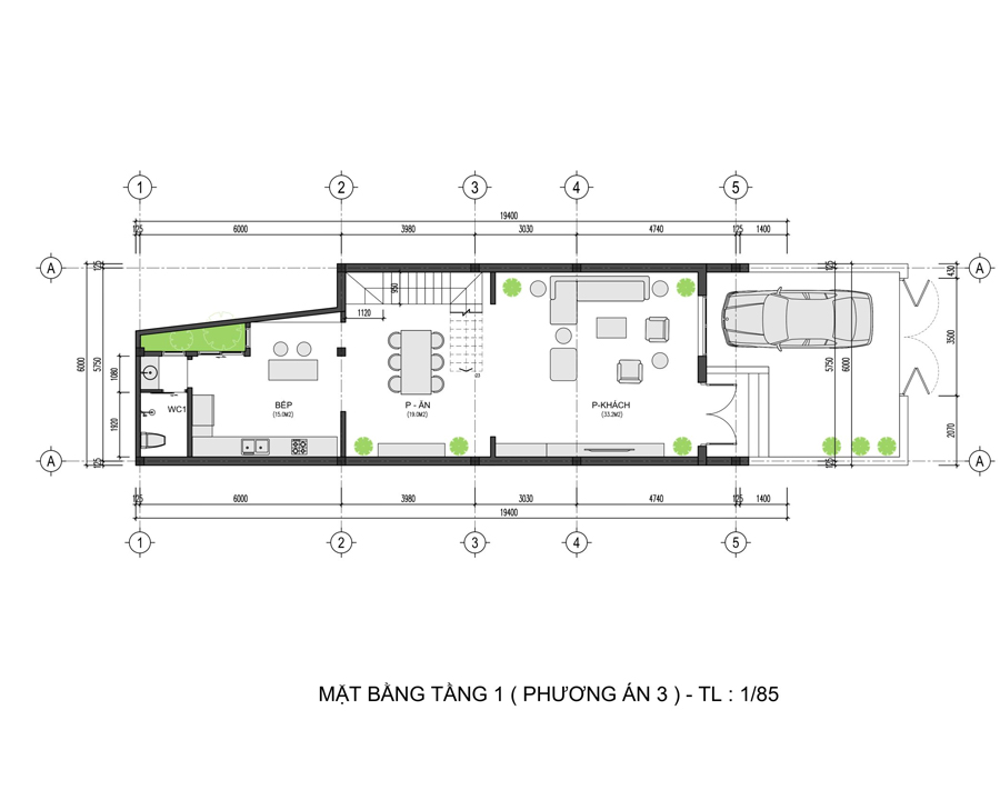 Mặt bằng tầng trệt nhà 2 tầng 1 tum 3 phòng ngủ mặt tiền 6m