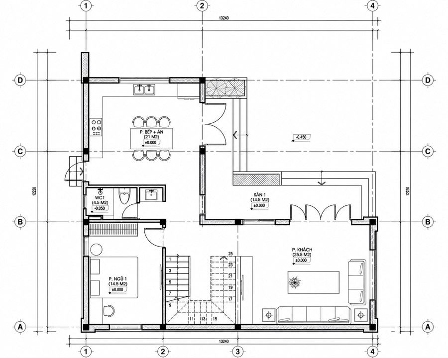 Bản vẽ mặt bằng tầng trệt nhà chữ L 2 tầng 1 tum 3 phòng ngủ