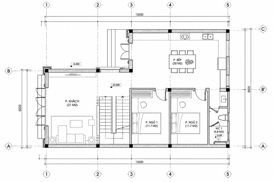Bản vẽ mặt bằng tầng trệt nhà chữ L 2 tầng 1 tum 4 phòng ngủ