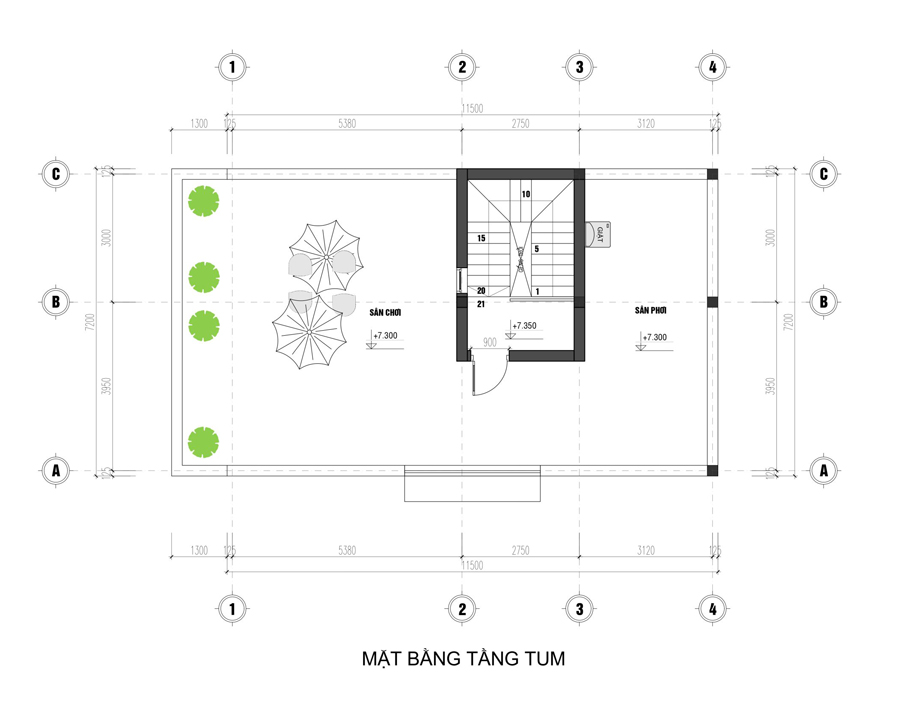 Mặt bằng tầng tum nhà 2 tầng 1 tum 3 phòng ngủ mặt tiền 7m