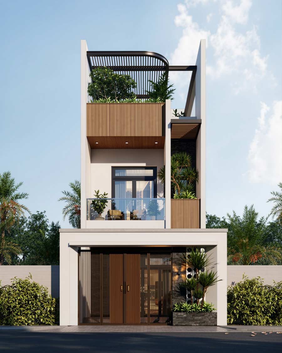 Mẫu nhà 2 tầng 1 tum 3 phòng ngủ có gara