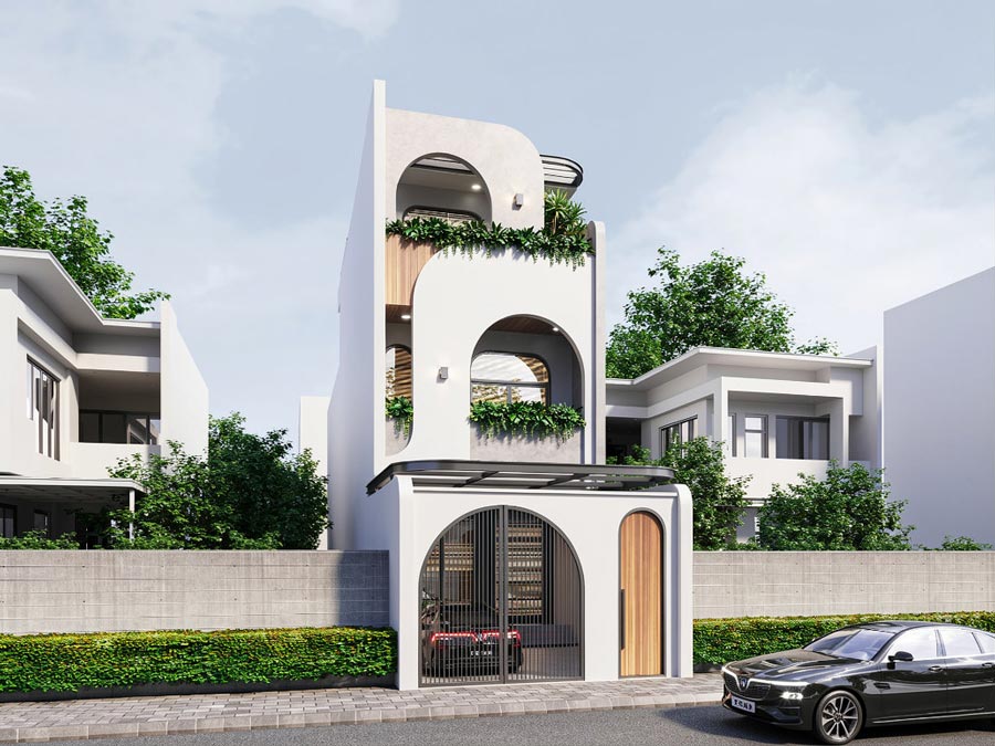 Mẫu nhà 2 tầng 1 tum 3 phòng ngủ có sân vườn