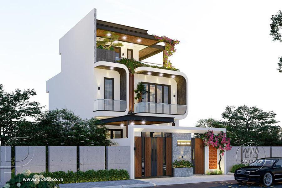 Mẫu nhà 2 tầng 1 tum 3 phòng ngủ mặt tiền 8m