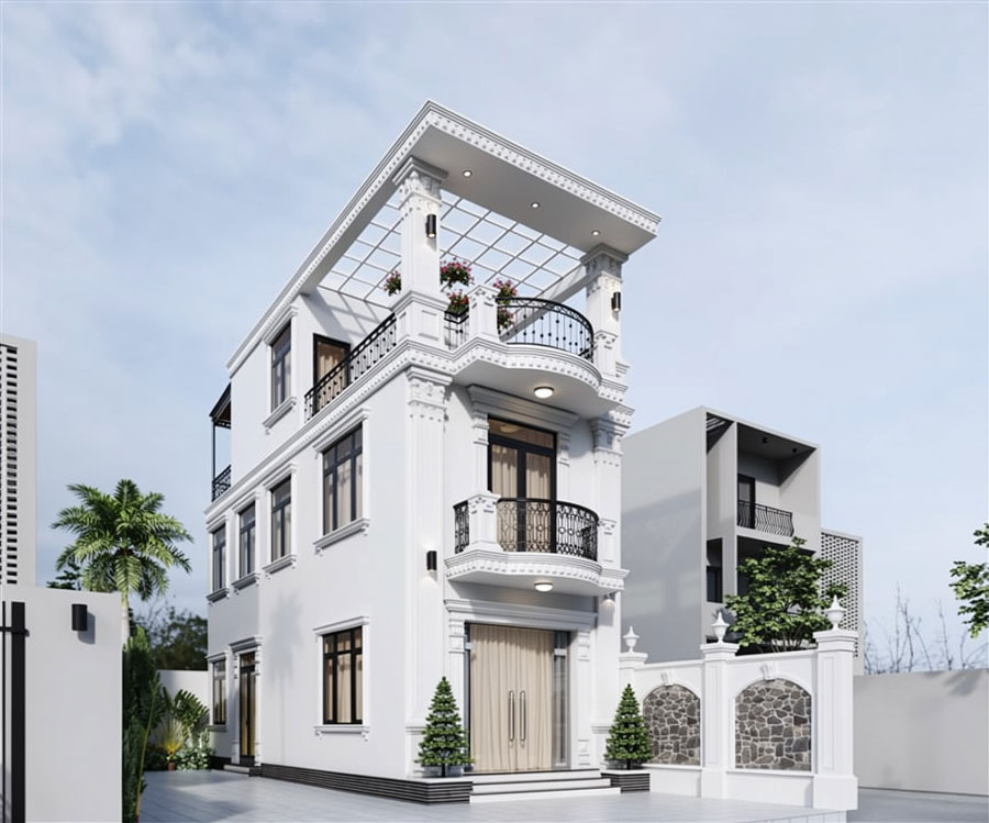 Mẫu nhà 2 tầng 1 tum 3 phòng ngủ tân cổ điển