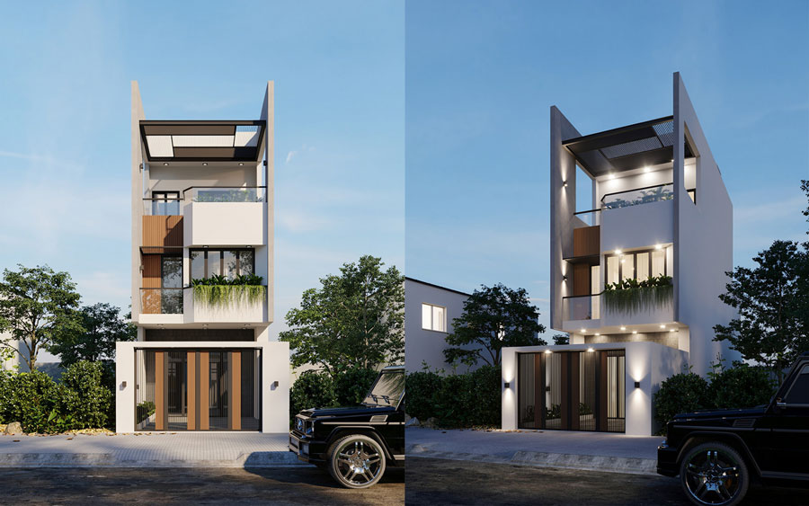 Mẫu nhà 5x20m 2 tầng 1 tum có gara ô tô