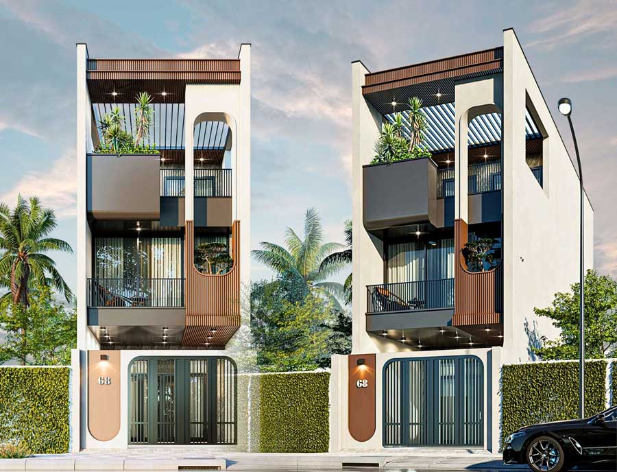 Mẫu nhà 2 tầng 1 tum 5x20 có giếng trời