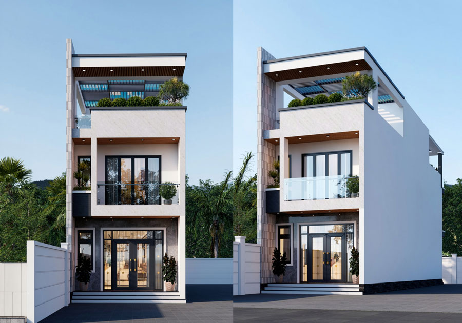Mẫu nhà 2 tầng 1 tum 5x20 mái bằng
