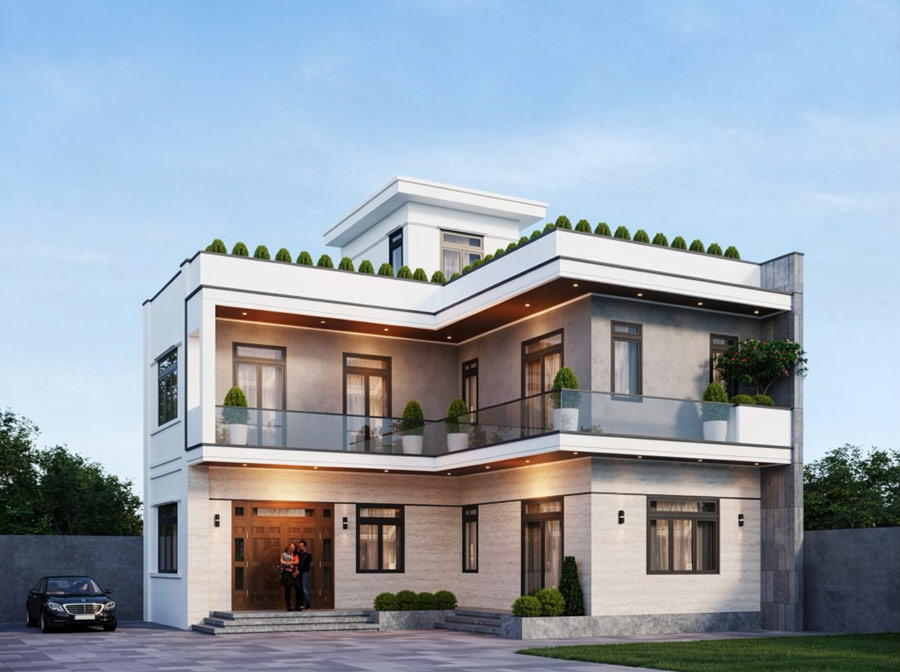 Mẫu thiết kế nhà 2 tầng 1 tum mái tôn chữ L