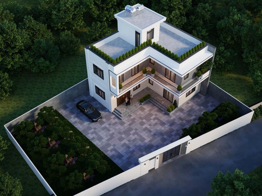 Mẫu thiết kế nhà 2 tầng 1 tum mái tôn chữ L