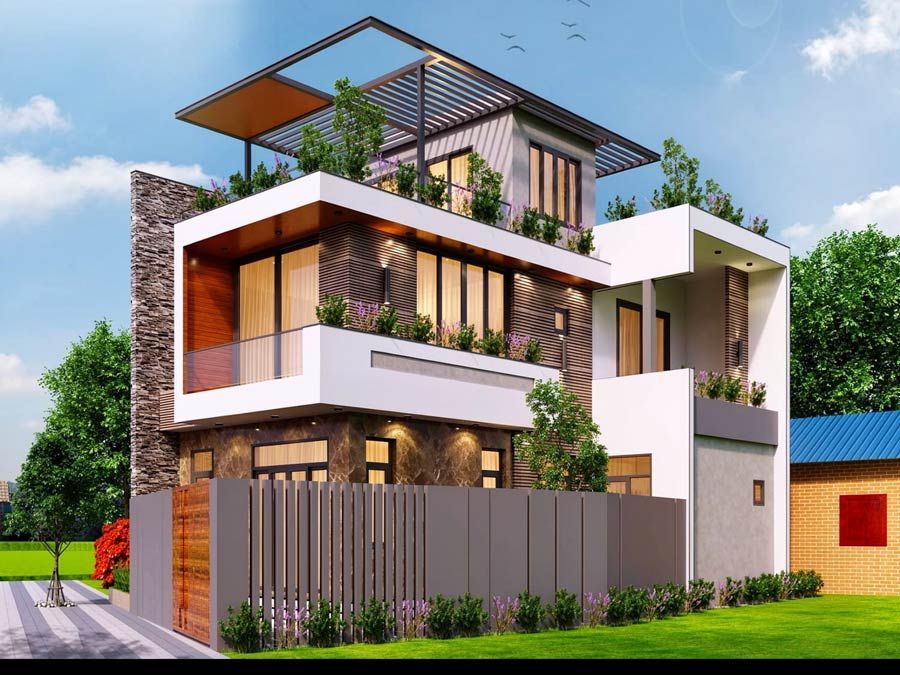 Mẫu thiết kế nhà 2 tầng 1 tum mái tôn chữ L