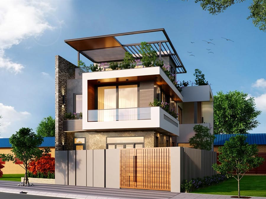Mẫu thiết kế nhà 2 tầng 1 tum mái tôn chữ L