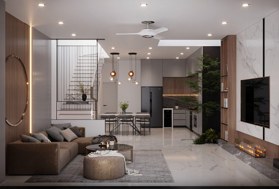 Nhà 2 tầng 1 tum mái tôn có giếng trời