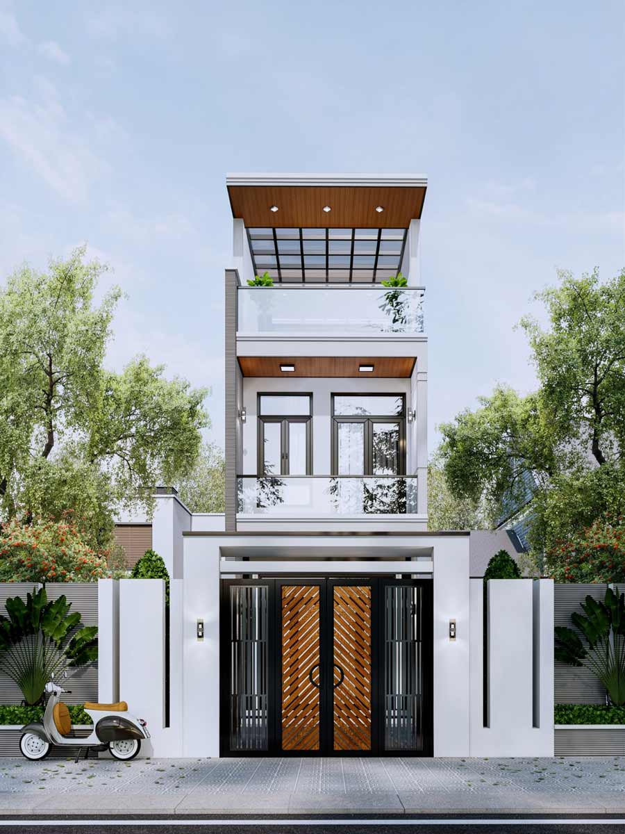 Mẫu nhà 2 tầng 1 tum mái tôn mặt tiền 4m