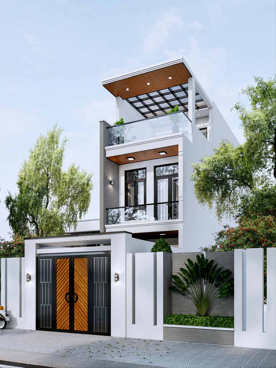 Mẫu nhà 2 tầng 1 tum mái tôn mặt tiền 4m