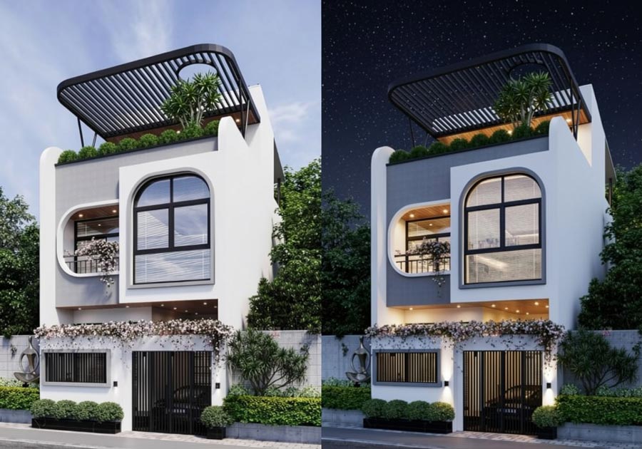 Mẫu nhà 2 tầng 1 tum mái tôn mặt tiền 6m