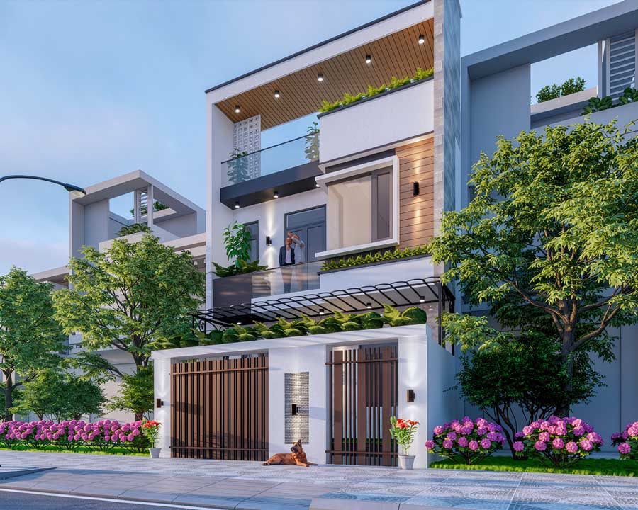 Mẫu nhà 2 tầng 1 tum mái tôn mặt tiền 7m