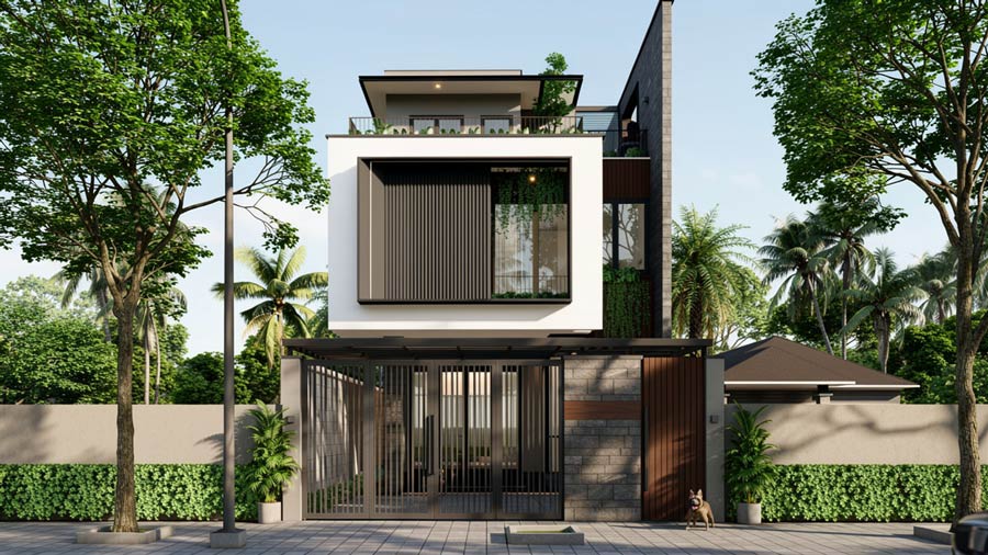 Nhà 2 tầng 1 tum mái tôn thiết kế tối giản