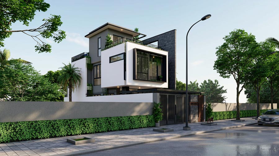 Nhà 2 tầng 1 tum mái tôn thiết kế tối giản