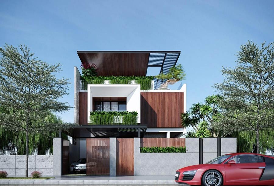 Mẫu nhà 2 tầng 1 tum mặt tiền 11m