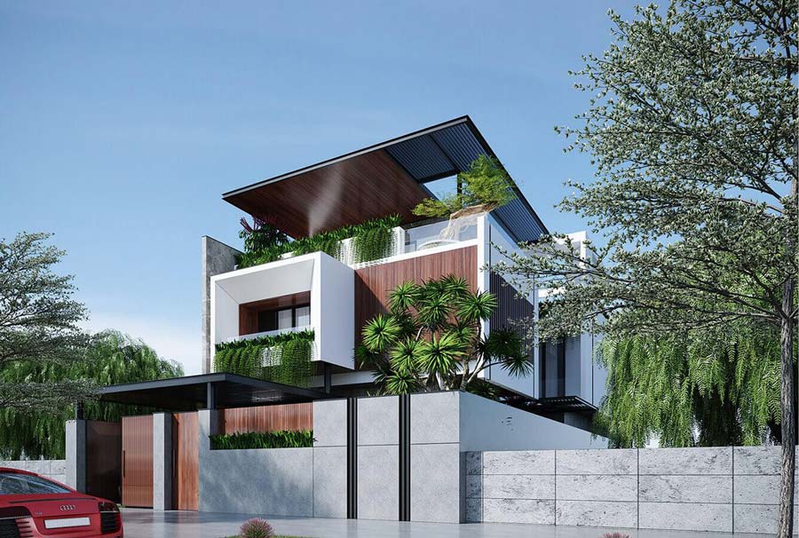 Mẫu nhà 2 tầng 1 tum mặt tiền 11m