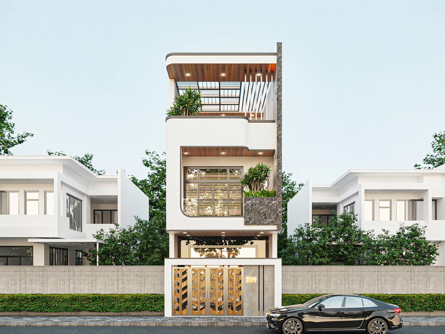 Mẫu nhà 2 tầng 1 tum mặt tiền 6m 4 phòng ngủ