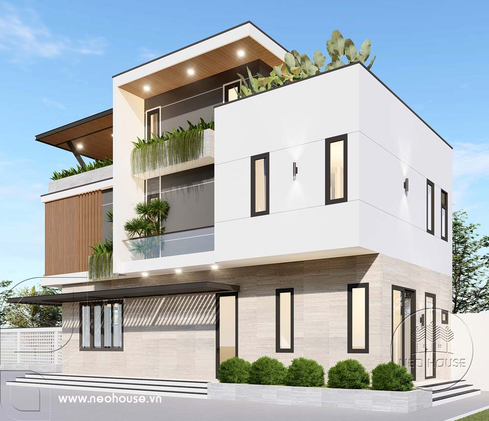 Mẫu nhà 2 tầng 1 tum mặt tiền 6m hiện đại