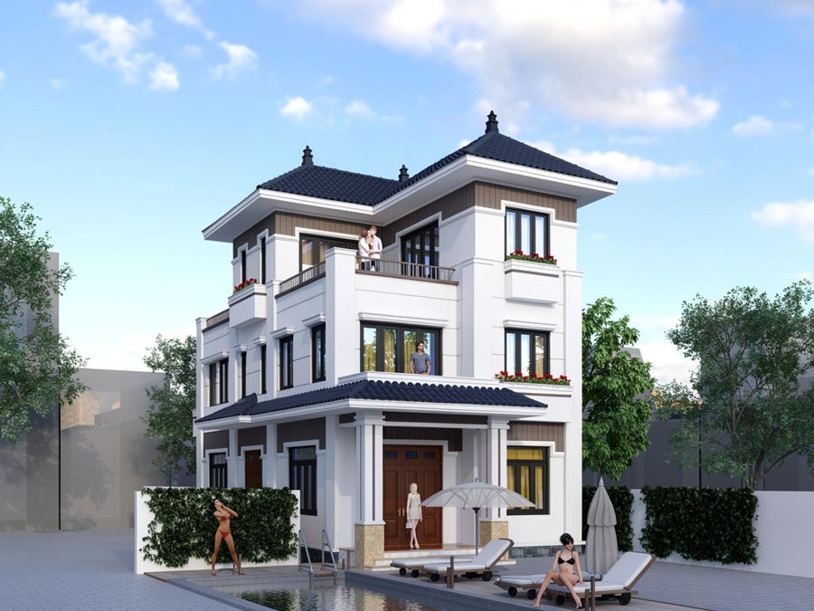 Mẫu nhà 2 tầng 1 tum mặt tiền 6m mái Nhật