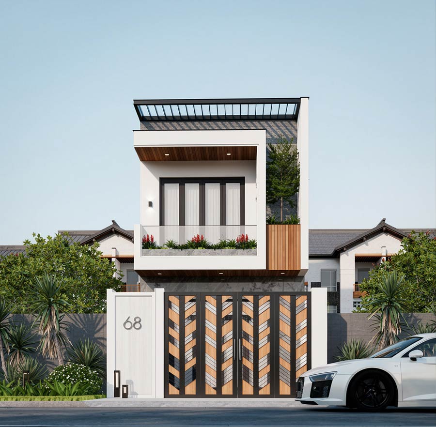 Mẫu nhà 2 tầng có gác lửng 5x10m 3 phòng ngủ