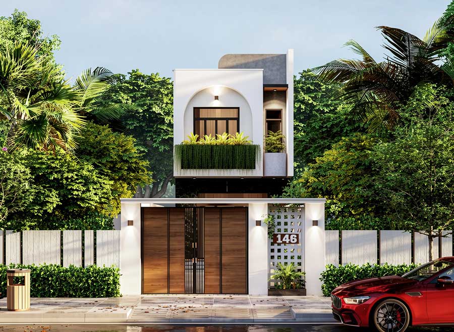 Mẫu nhà 2 tầng có gác lửng 5x10m 3 phòng ngủ